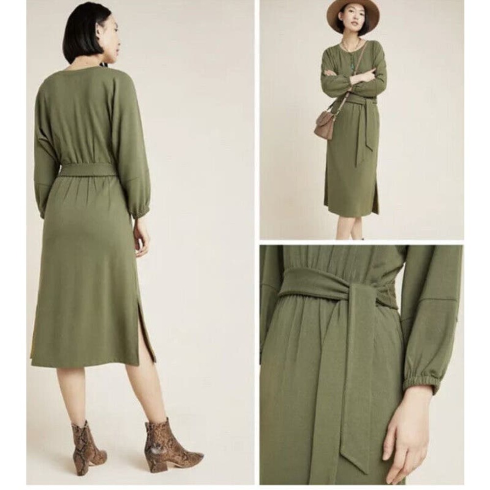 Anthropologie Thalia  Dress Size Small Moss Green Belt Waist Lagenlook Midi NWT